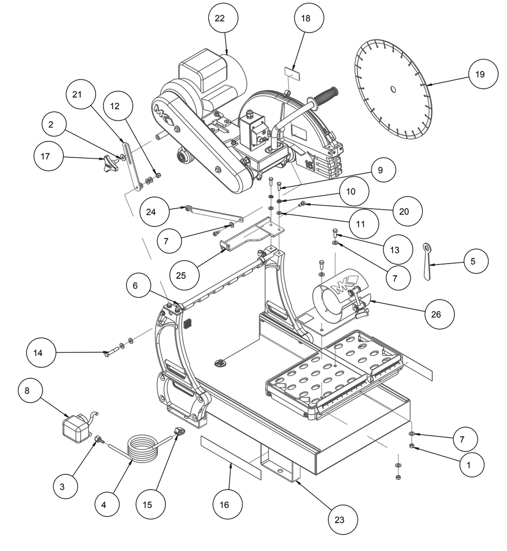 Section 01 Diagram and Parts List for MK-2002-16 150598-16-CC MK Diamond Concrete Saw